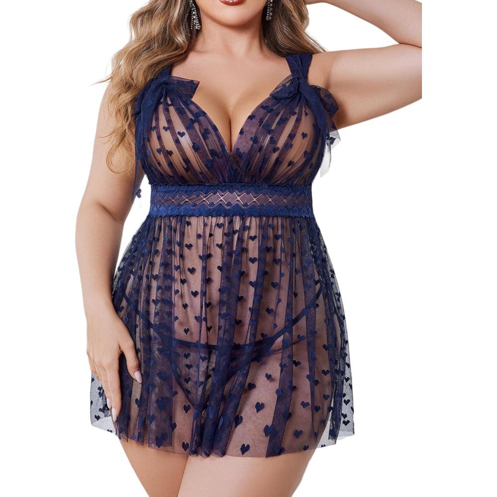 imageAvidlove Plus Size Lingeire for women Lace Babydoll Mesh Chemise Sexy Nightwear Sheer Nightie with Lace Up Bows L4XLDark Blue