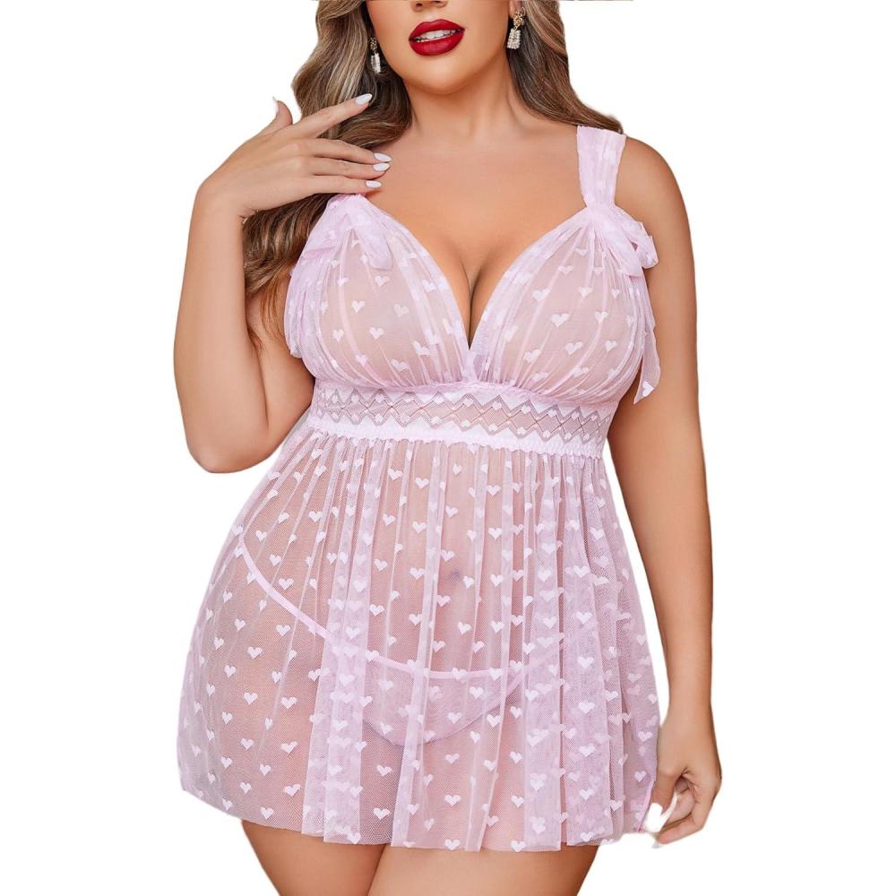 imageAvidlove Plus Size Lingeire for women Lace Babydoll Mesh Chemise Sexy Nightwear Sheer Nightie with Lace Up Bows L4XLPink