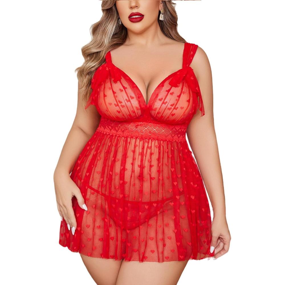 imageAvidlove Plus Size Lingeire for women Lace Babydoll Mesh Chemise Sexy Nightwear Sheer Nightie with Lace Up Bows L4XLRed