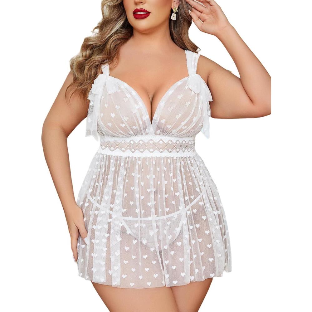 imageAvidlove Plus Size Lingeire for women Lace Babydoll Mesh Chemise Sexy Nightwear Sheer Nightie with Lace Up Bows L4XLWhite