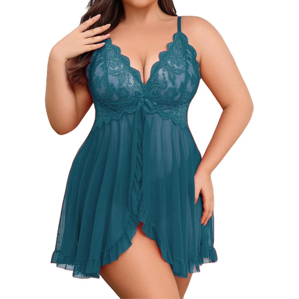 imageAvidlove Plus Size Lingerie for Women Sexy Lingerie Dress Lace Babydoll Lingerie VNeck Open Front Strap NightdressBlue Green