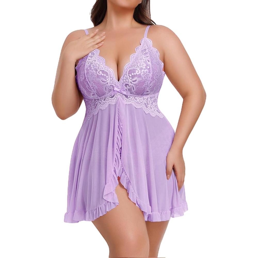 imageAvidlove Plus Size Lingerie for Women Sexy Lingerie Dress Lace Babydoll Lingerie VNeck Open Front Strap NightdressLilac