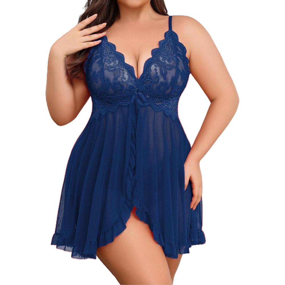 imageAvidlove Plus Size Lingerie for Women Sexy Lingerie Dress Lace Babydoll Lingerie VNeck Open Front Strap NightdressNavy Blue