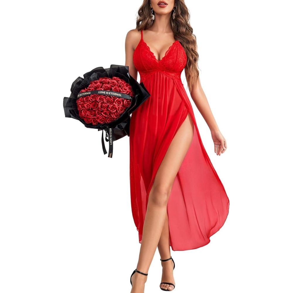 imageAvidlove Sexy Lingerie For Women Lace Babydoll Sexy Mesh Nightdress With Thong Side Split Lace NightgownRed