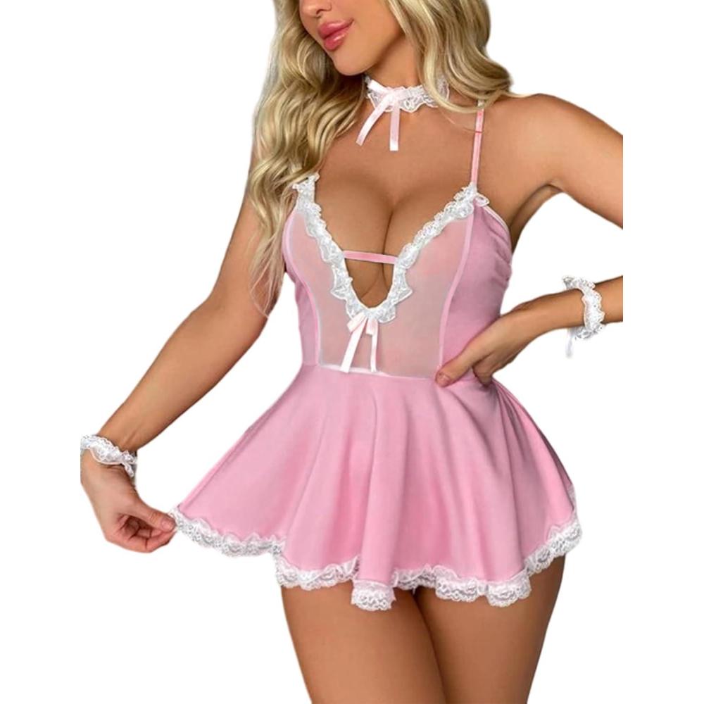 imageAvidlove Sexy Lingerie for Women French Maid Babydoll Lingerie Dress With ChokerPink