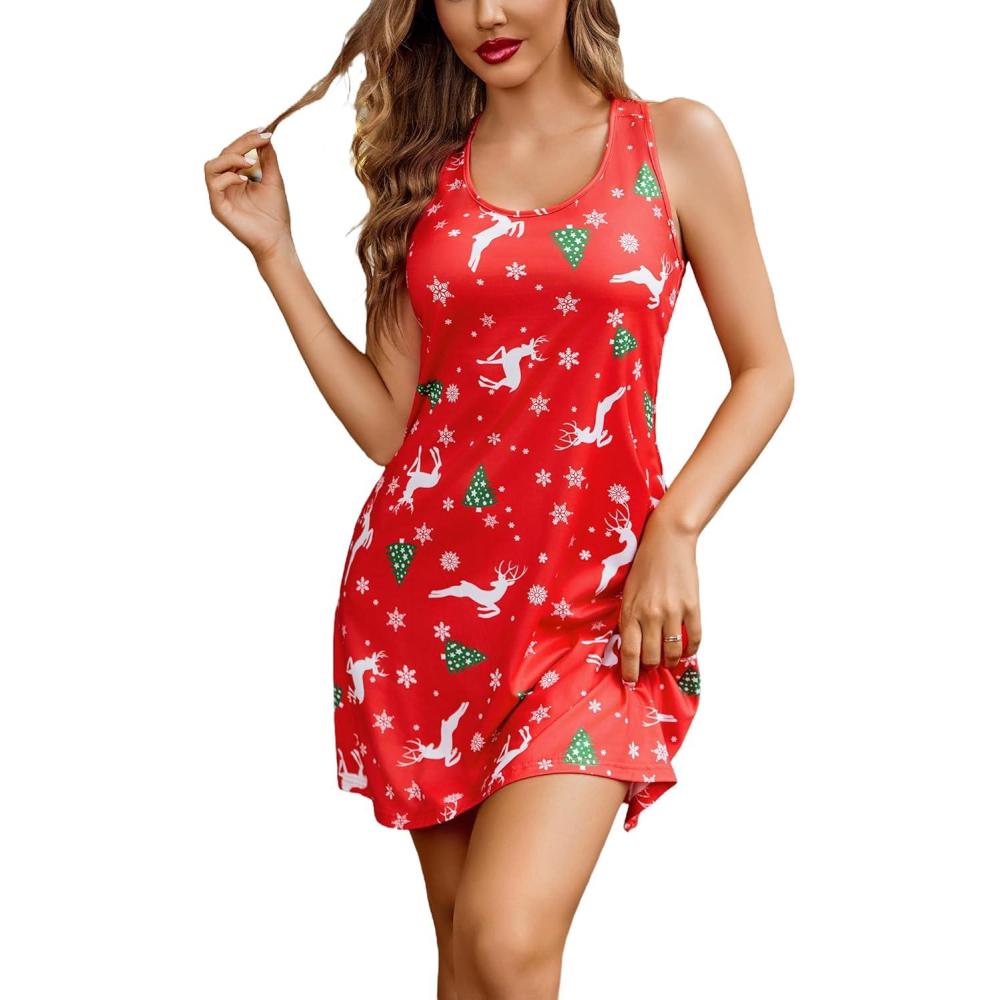 imageAvidlove Sleepwear for Women Tank Nightgown Chemise Racerback Sleeveless Sleep DressChristmas Print