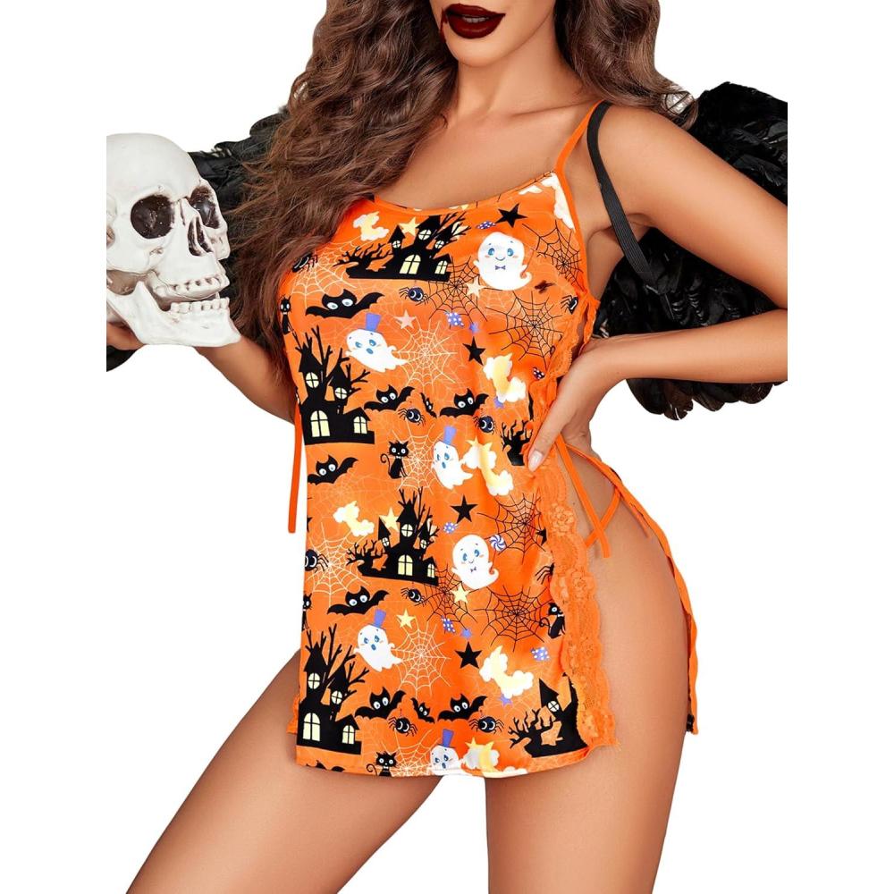 imageAvidlove Women Babydoll For Women Satin Nightwear Lace Chemise Sexy NightgownOrange Halloween