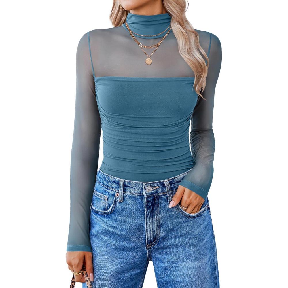 imageAvidlove Women Long Sleeve Bodysuit Turtle Neck Shapewear Body Suits Mesh One Piece Leotard Shirt Going Out Tops Fall OutfitsBlue Green