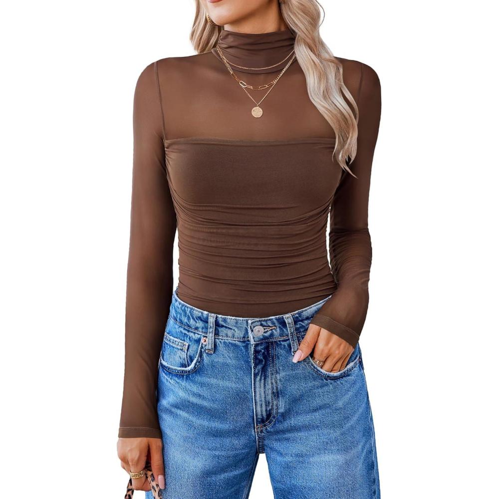 imageAvidlove Women Long Sleeve Bodysuit Turtle Neck Shapewear Body Suits Mesh One Piece Leotard Shirt Going Out Tops Fall OutfitsBrown