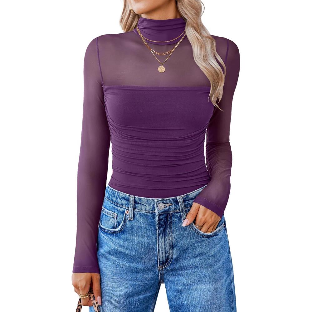 imageAvidlove Women Long Sleeve Bodysuit Turtle Neck Shapewear Body Suits Mesh One Piece Leotard Shirt Going Out Tops Fall OutfitsDark Purple