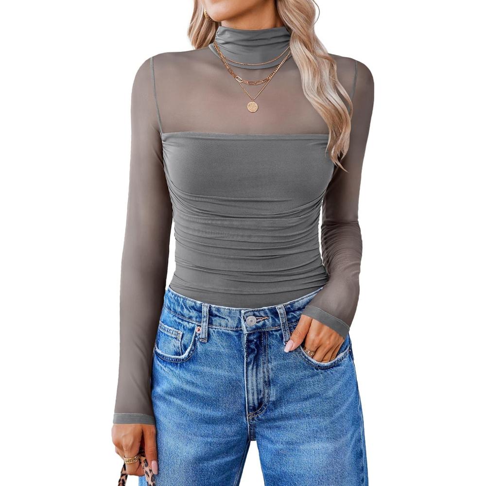 imageAvidlove Women Long Sleeve Bodysuit Turtle Neck Shapewear Body Suits Mesh One Piece Leotard Shirt Going Out Tops Fall OutfitsDeep Grey