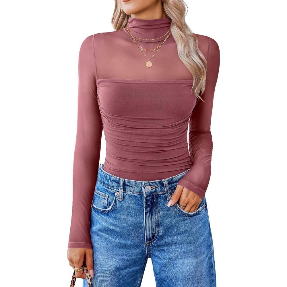 imageAvidlove Women Long Sleeve Bodysuit Turtle Neck Shapewear Body Suits Mesh One Piece Leotard Shirt Going Out Tops Fall OutfitsPurple