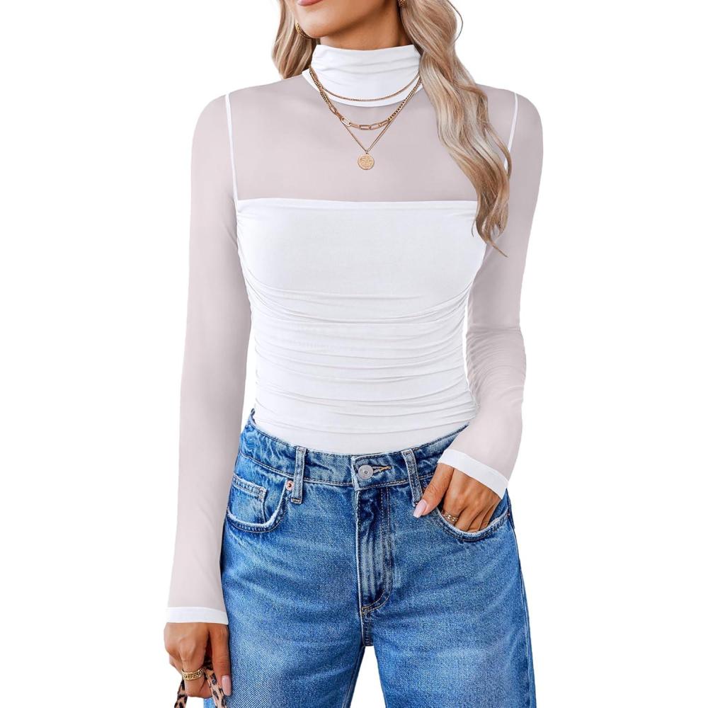 imageAvidlove Women Long Sleeve Bodysuit Turtle Neck Shapewear Body Suits Mesh One Piece Leotard Shirt Going Out Tops Fall OutfitsWhite
