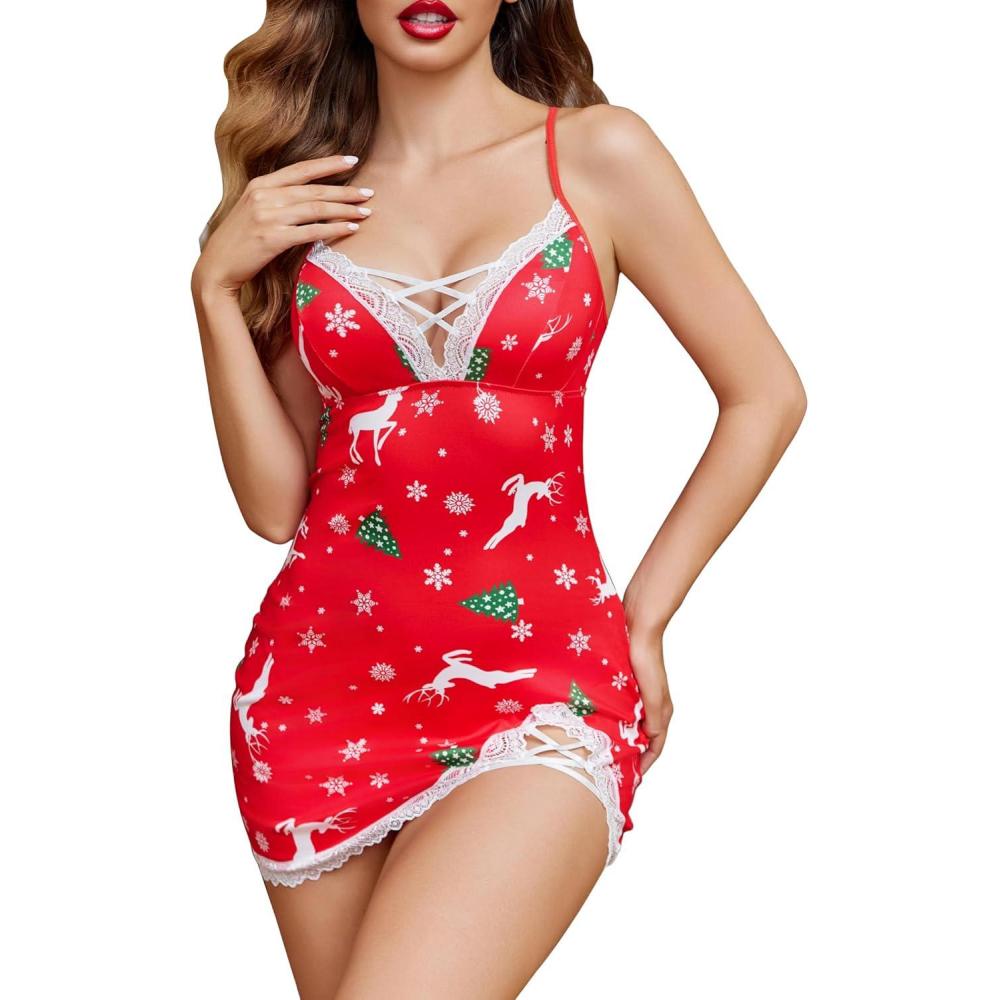 imageAvidlove Women Sexy Nightgown Lace Babydoll Chemises VNeck Modal Sleepwear Full Slip Side Slit Sleep Dress XSXXLChristmas Print