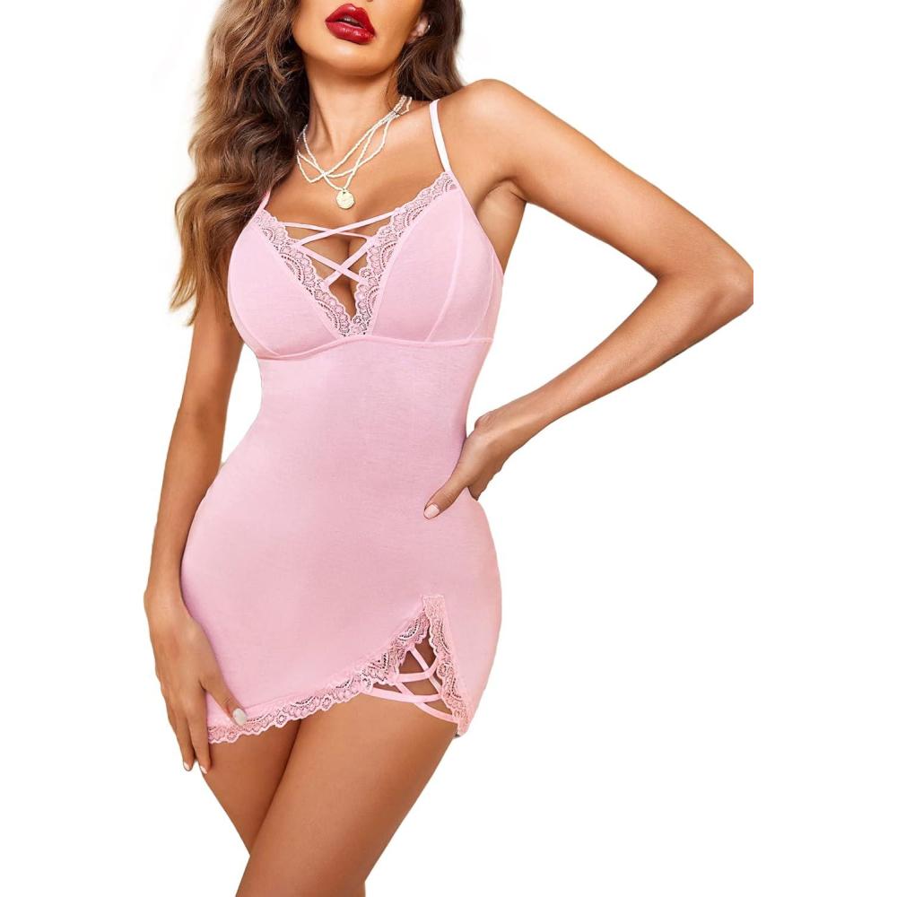imageAvidlove Women Sexy Nightgown Lace Babydoll Chemises VNeck Modal Sleepwear Full Slip Side Slit Sleep Dress XSXXLPink