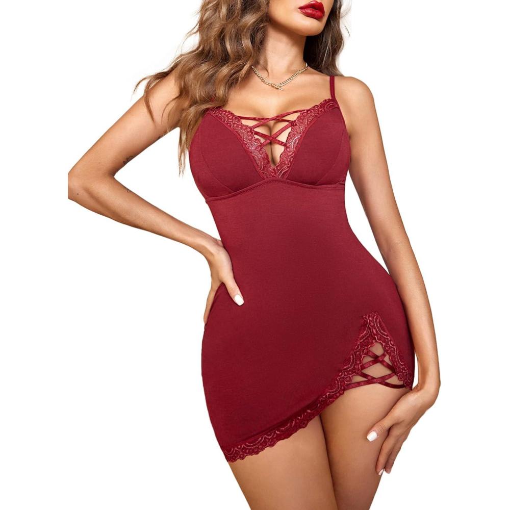 imageAvidlove Women Sexy Nightgown Lace Babydoll Chemises VNeck Modal Sleepwear Full Slip Side Slit Sleep Dress XSXXLWine Red