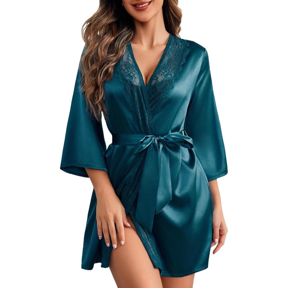 imageAvidlove Womens Kimono Robe Short Satin Pure Short Silky RobesDark Blue
