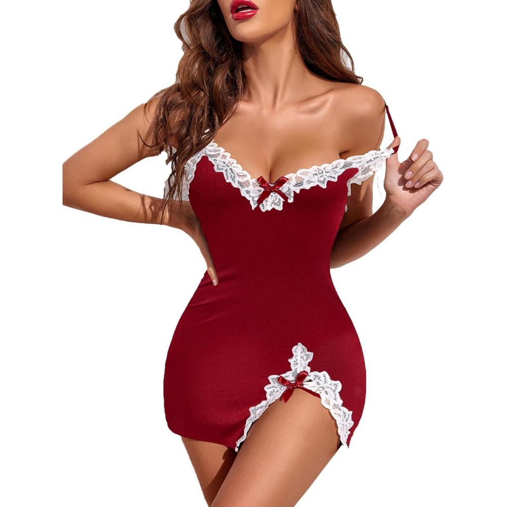 imageAvidlove Womens Lingerie Sexy Lace Babydoll V Neck Sleepwear Cotton Nightgowns for Women ChemiseCwine Red