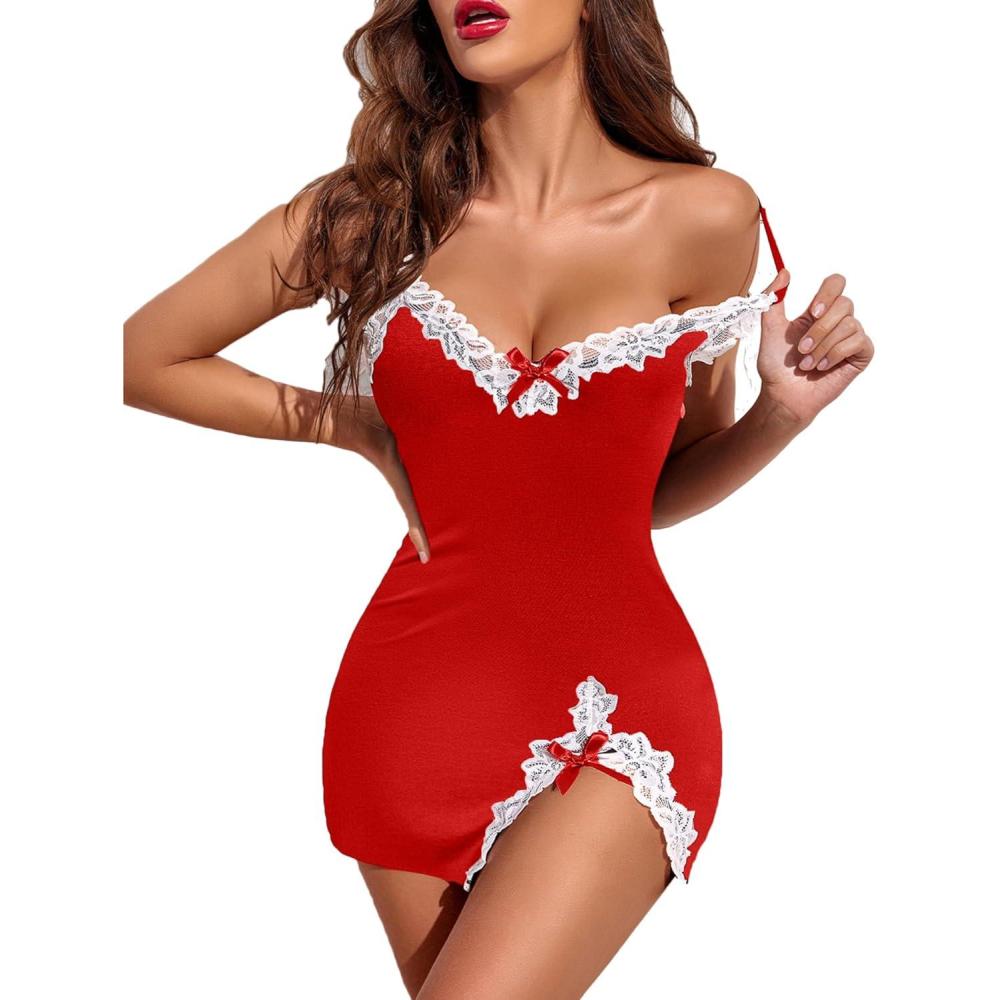 imageAvidlove Womens Lingerie Sexy Lace Babydoll V Neck Sleepwear Cotton Nightgowns for Women ChemiseRed