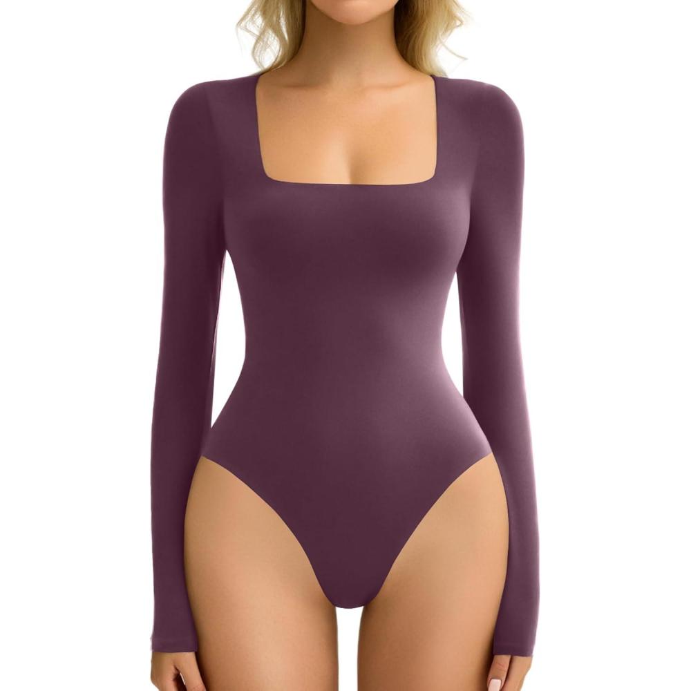 imageAvidlove Womens Long Sleeve Bodysuit Double Lined Square Neck Body Suit Tops Snap Closure SoftPurple