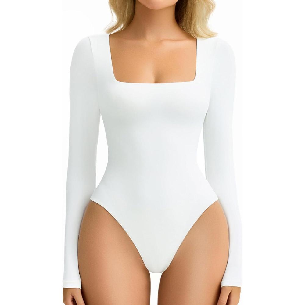 imageAvidlove Womens Long Sleeve Bodysuit Double Lined Square Neck Body Suit Tops Snap Closure SoftWhite