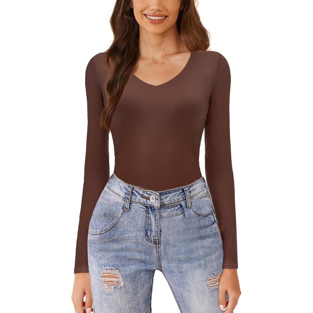 imageAvidlove Womens Long Sleeve Tops Sweetheart Neck Y2k Double Lined Bodysuit Top Fitted Basic Tee Going Out ShirtsBrown