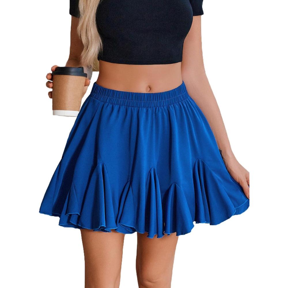 imageAvidlove Womens Pleated Skater Skirt Basic Casual High Waisted Ruffles Flared Mini Lingerie SkirtsBlue