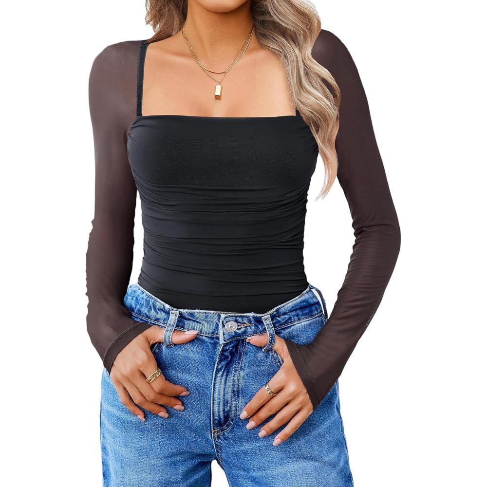 imageAvidlove Womens Square Neck Mesh Long Sleeve Bodysuit Shirts Ruched Body Suit Sexy Sheer Tops Date Night OutfitBlack