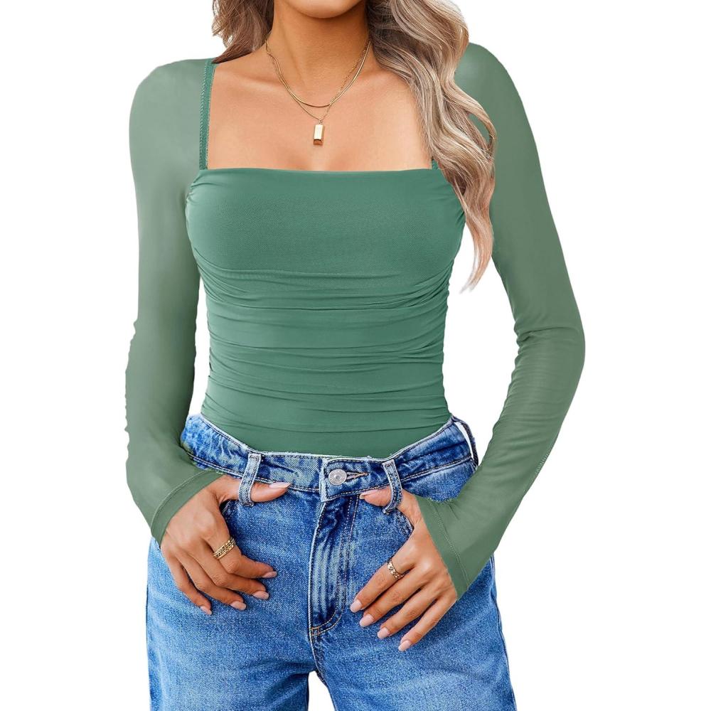 imageAvidlove Womens Square Neck Mesh Long Sleeve Bodysuit Shirts Ruched Body Suit Sexy Sheer Tops Date Night OutfitGrey Green