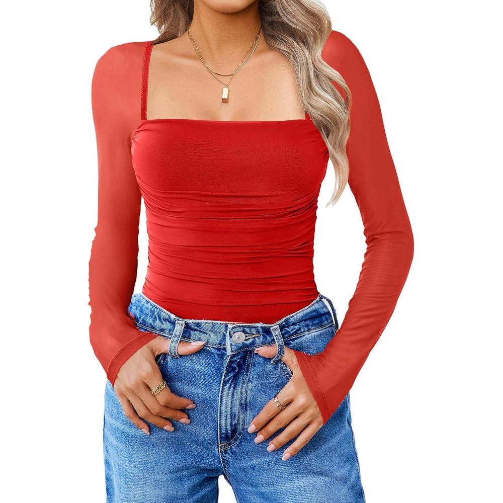 imageAvidlove Womens Square Neck Mesh Long Sleeve Bodysuit Shirts Ruched Body Suit Sexy Sheer Tops Date Night OutfitRed