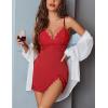 imageAvidlove Women Lingerie Lace Nightgown Chemise Spaghetti Strap Babydoll Modal Sleepwear VNeck Full Slip Side Slit NightwearRed