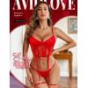 imageAvidlove Womens Lingerie 4 Piece Garter Lingerie Floral Lace Bra and Panty Sets with Underwire SXXLAture Red