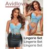 imageAvidlove Womens Lingerie 4 Piece Garter Lingerie Floral Lace Bra and Panty Sets with Underwire SXXLClear Blue
