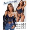 imageAvidlove Womens Lingerie 4 Piece Garter Lingerie Floral Lace Bra and Panty Sets with Underwire SXXLNavy Blue