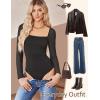 imageAvidlove Womens Square Neck Mesh Long Sleeve Bodysuit Shirts Ruched Body Suit Sexy Sheer Tops Date Night OutfitBlack