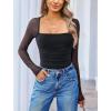 imageAvidlove Womens Square Neck Mesh Long Sleeve Bodysuit Shirts Ruched Body Suit Sexy Sheer Tops Date Night OutfitBlack