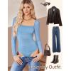 imageAvidlove Womens Square Neck Mesh Long Sleeve Bodysuit Shirts Ruched Body Suit Sexy Sheer Tops Date Night OutfitClear Blue