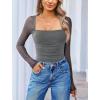 imageAvidlove Womens Square Neck Mesh Long Sleeve Bodysuit Shirts Ruched Body Suit Sexy Sheer Tops Date Night OutfitDark Grey