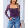 imageAvidlove Womens Square Neck Mesh Long Sleeve Bodysuit Shirts Ruched Body Suit Sexy Sheer Tops Date Night OutfitDark Purple