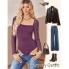 imageAvidlove Womens Square Neck Mesh Long Sleeve Bodysuit Shirts Ruched Body Suit Sexy Sheer Tops Date Night OutfitDark Purple