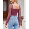 imageAvidlove Womens Square Neck Mesh Long Sleeve Bodysuit Shirts Ruched Body Suit Sexy Sheer Tops Date Night OutfitDark Purple Red