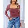 imageAvidlove Womens Square Neck Mesh Long Sleeve Bodysuit Shirts Ruched Body Suit Sexy Sheer Tops Date Night OutfitDark Purple Red