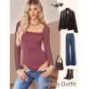 imageAvidlove Womens Square Neck Mesh Long Sleeve Bodysuit Shirts Ruched Body Suit Sexy Sheer Tops Date Night OutfitDark Purple Red