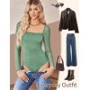 imageAvidlove Womens Square Neck Mesh Long Sleeve Bodysuit Shirts Ruched Body Suit Sexy Sheer Tops Date Night OutfitGrey Green