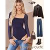 imageAvidlove Womens Square Neck Mesh Long Sleeve Bodysuit Shirts Ruched Body Suit Sexy Sheer Tops Date Night OutfitNavy Blue