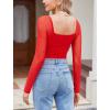imageAvidlove Womens Square Neck Mesh Long Sleeve Bodysuit Shirts Ruched Body Suit Sexy Sheer Tops Date Night OutfitRed