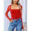 imageAvidlove Womens Square Neck Mesh Long Sleeve Bodysuit Shirts Ruched Body Suit Sexy Sheer Tops Date Night OutfitRed