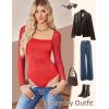 imageAvidlove Womens Square Neck Mesh Long Sleeve Bodysuit Shirts Ruched Body Suit Sexy Sheer Tops Date Night OutfitRed