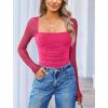 imageAvidlove Womens Square Neck Mesh Long Sleeve Bodysuit Shirts Ruched Body Suit Sexy Sheer Tops Date Night OutfitRose Red