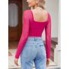 imageAvidlove Womens Square Neck Mesh Long Sleeve Bodysuit Shirts Ruched Body Suit Sexy Sheer Tops Date Night OutfitRose Red